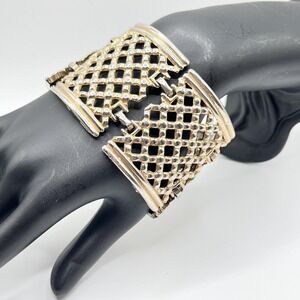 Vintage Wide Linked Panel Bracelet in Gold Tone w/ Open Metal Basket Weave